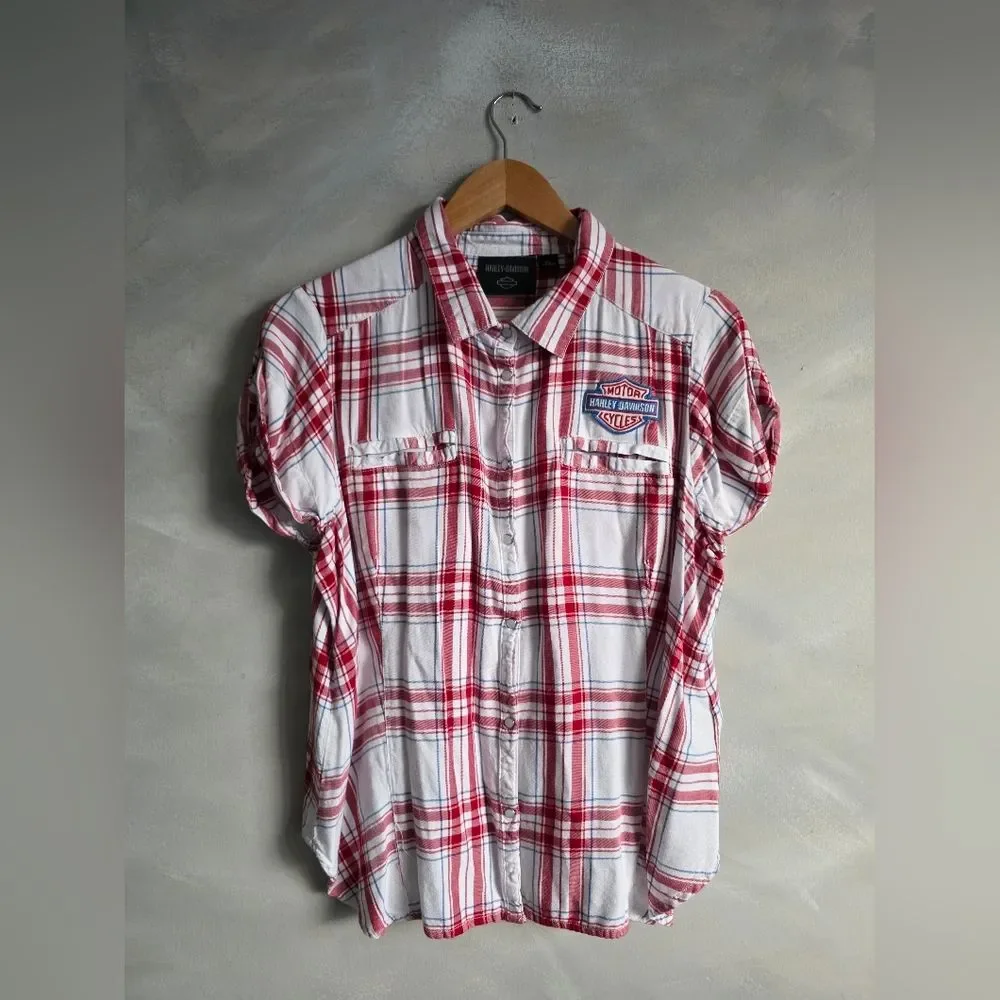 Harley-Davidson Womens Shirt Woven Red White Blue Plaid Garage Style Top 2XL